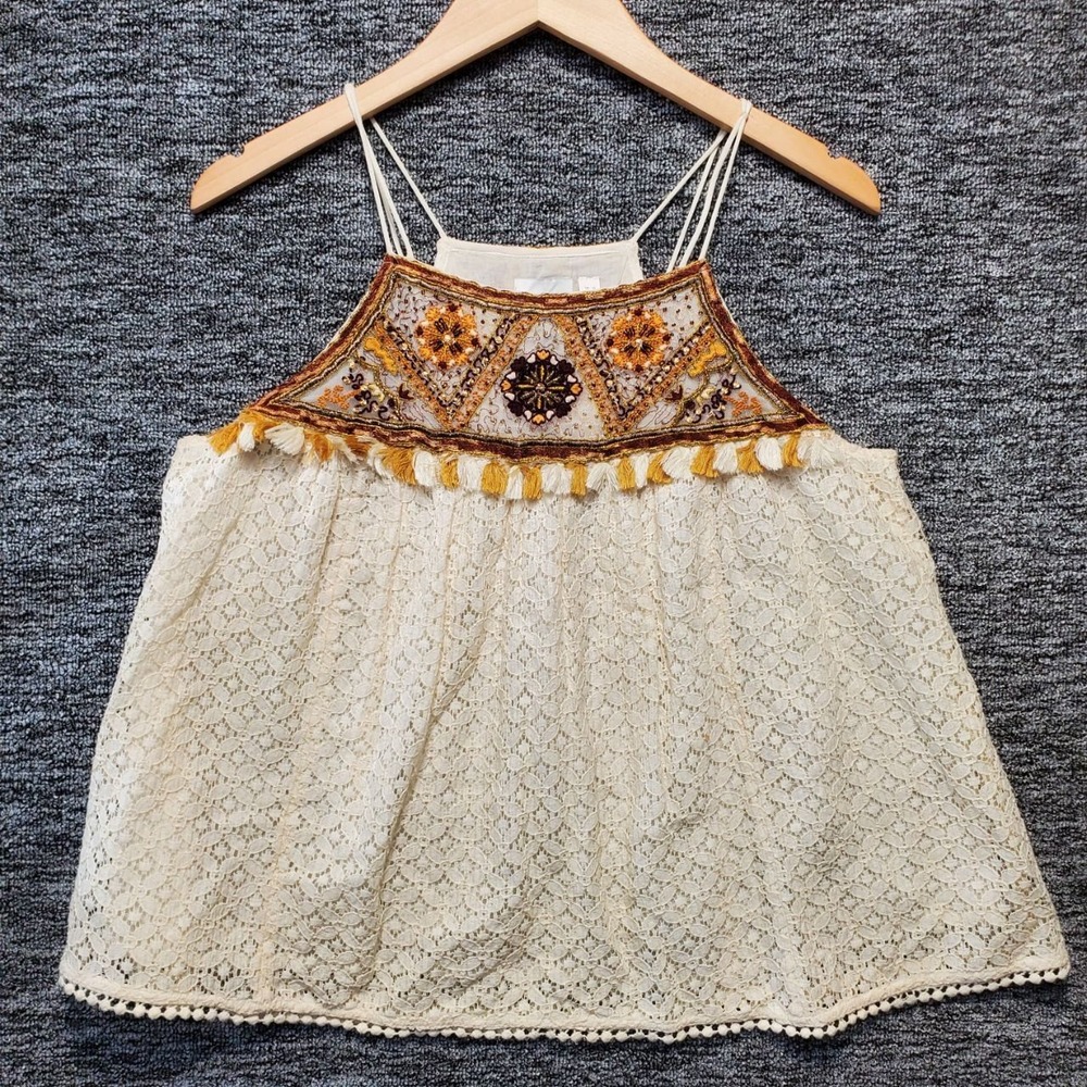 Anthropologie HD in Paris Tikal Embroidered Lace Tank Top Womens 6 Cream Boho